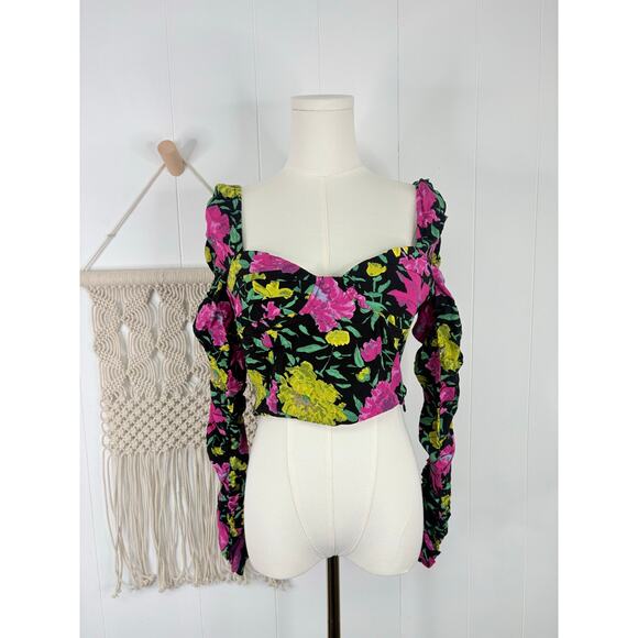 Zara Black Floral Long Sleeve Crop Top Womens Medium Sweetheart Babydoll - Picture 5 of 12